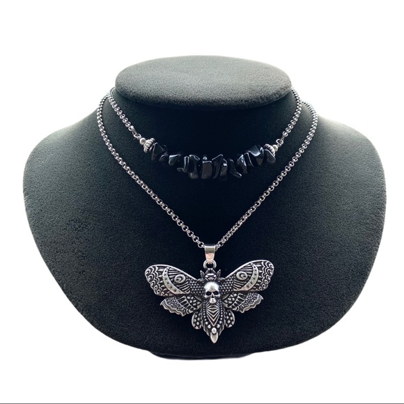 Double layer moth skull moon charm & gems of your choice goth boho - Picture 4 of 16